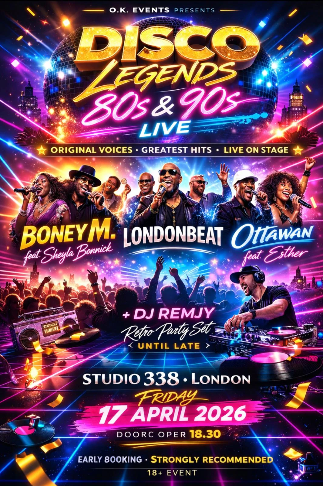Poster for DISCO LEGENDS 80s & 90s live event in London